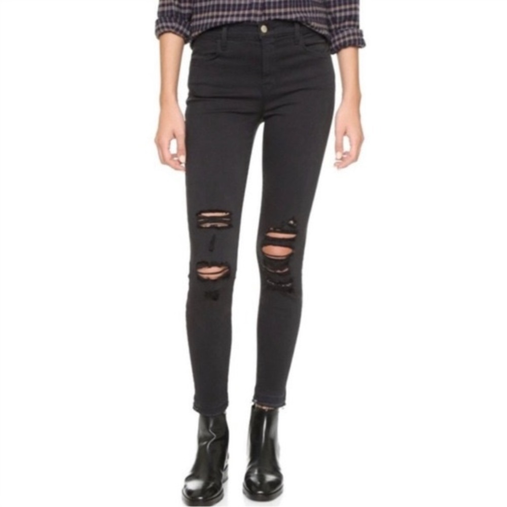 J. Brand Low Rise Skinny Crop in Demented Grey Black Distressed Crop Jea…